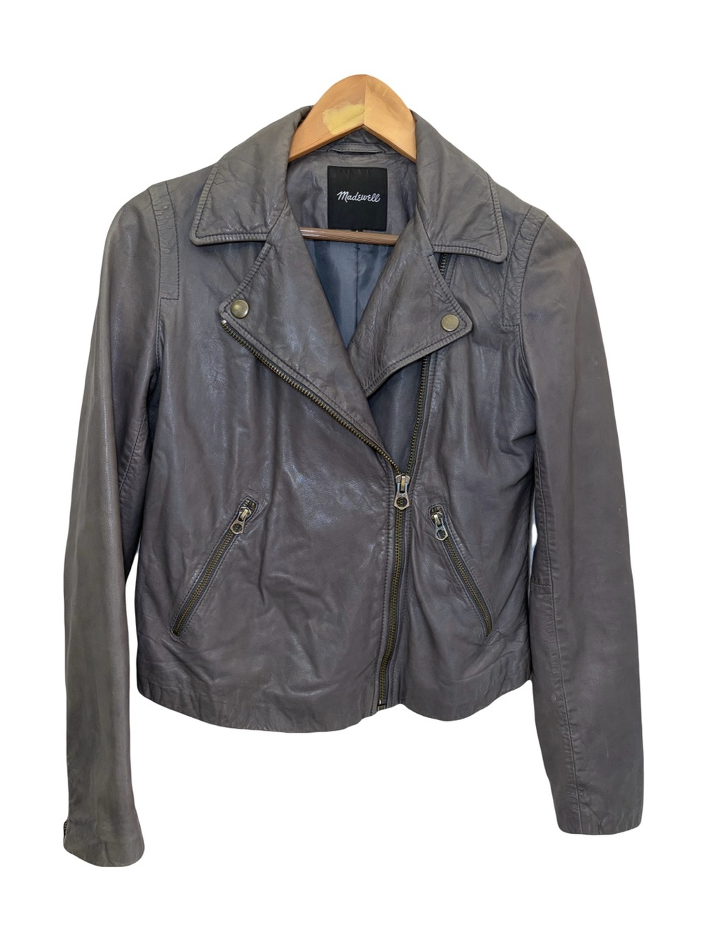 Madewell Washed Leather Motorcycle Jacket Brass Hardware Edition Sunfaded Indigo